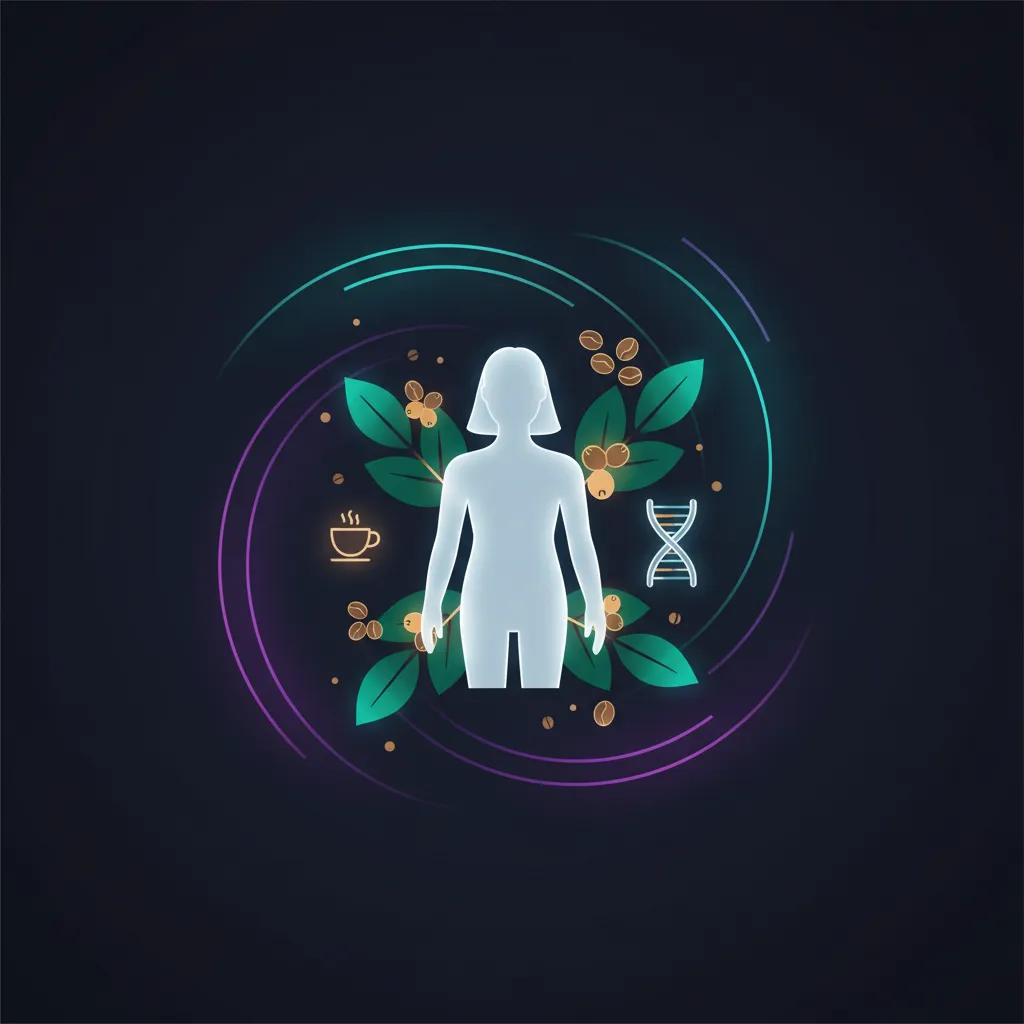 Clean abstract illustration of metabolism and energy flow: stylised human silhouette surrounded by botanical shapes and energy spirals in purple and teal