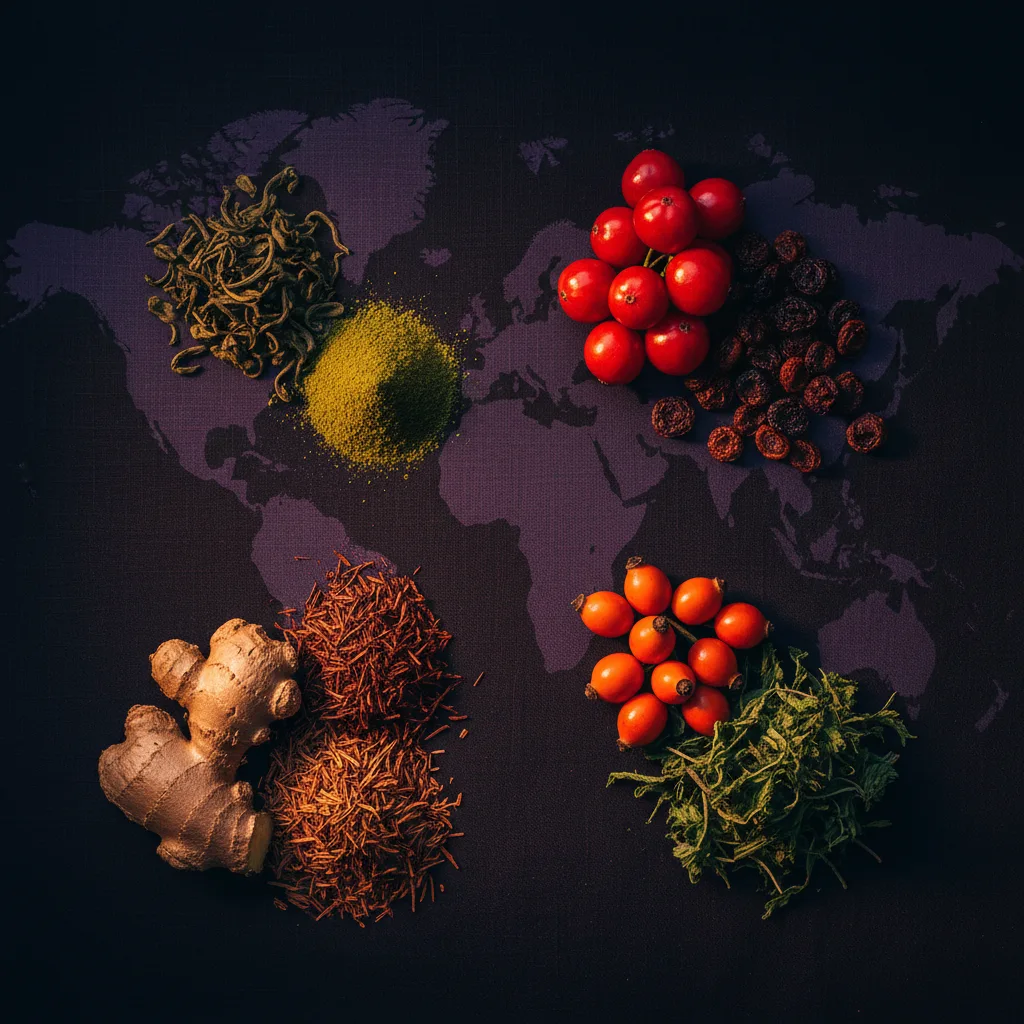 Mosaic flat-lay of botanical ingredient clusters from four world regions: green tea leaves (Asia), guarana berries (South America), ginger and rooibos (Africa), rosehip and nettle (Europe)