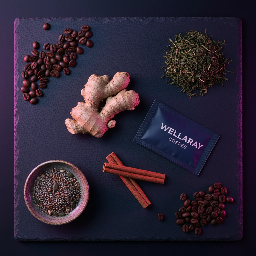 Natural wellness ingredients flat-lay: coffee beans, green tea leaves, ginger root, cinnamon sticks, and a Wellaray Coffee sachet on a dark slate surface
