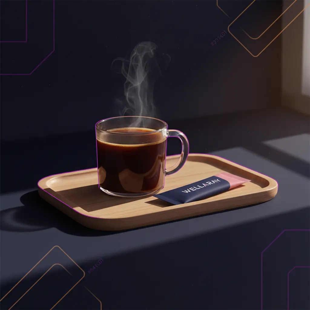 A glass mug of freshly dissolved Wellaray Coffee supplement on a morning breakfast tray, steam rising, sachet packet alongside, warm morning light