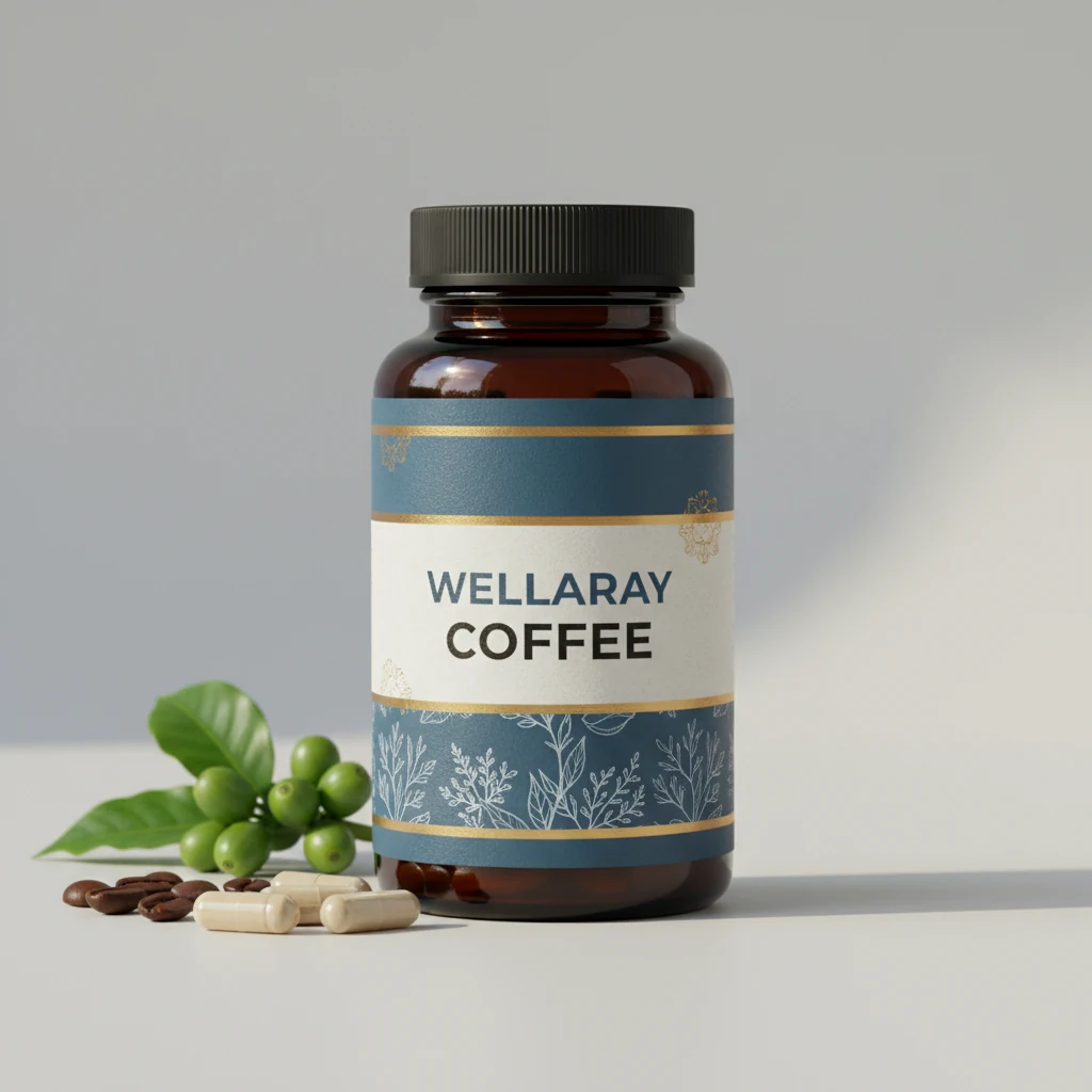 Wellaray Coffee food supplement box, 20 sachets, dark navy packaging with pink and purple branding