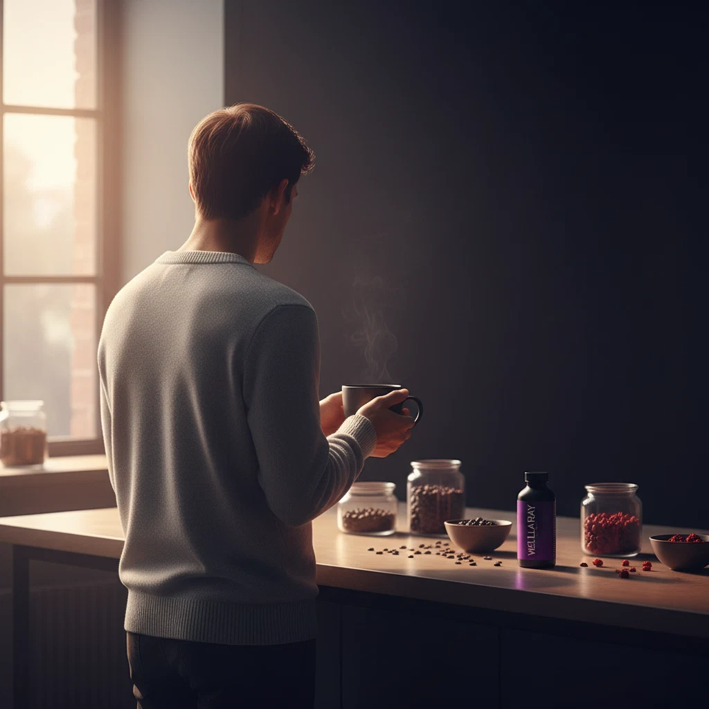 A person viewed from behind holding a coffee mug in a bright minimal kitchen, early morning atmosphere